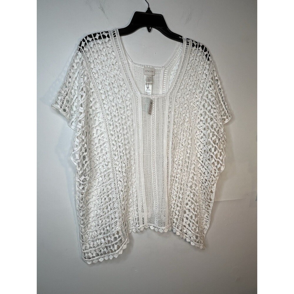 Chicos NWT S M Boho Lace Knit Crochet white short Sleeve Top
